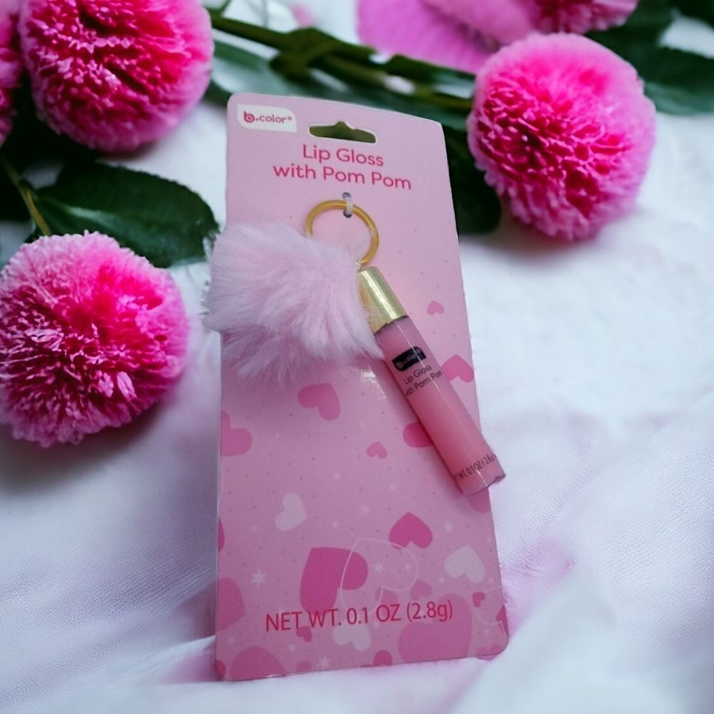 NEW Lip Gloss & Pom Pom Keychain ❤️ Shimmer Pink Furry Ball Backpack Purse Clip